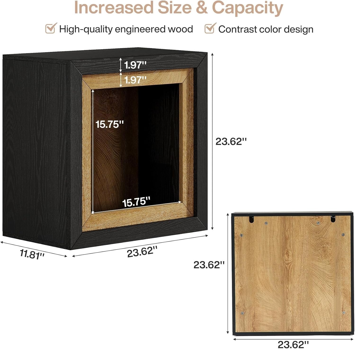 23.6" Nightstand, Wooden Cube Bedside Table with Frame-Inspired Design