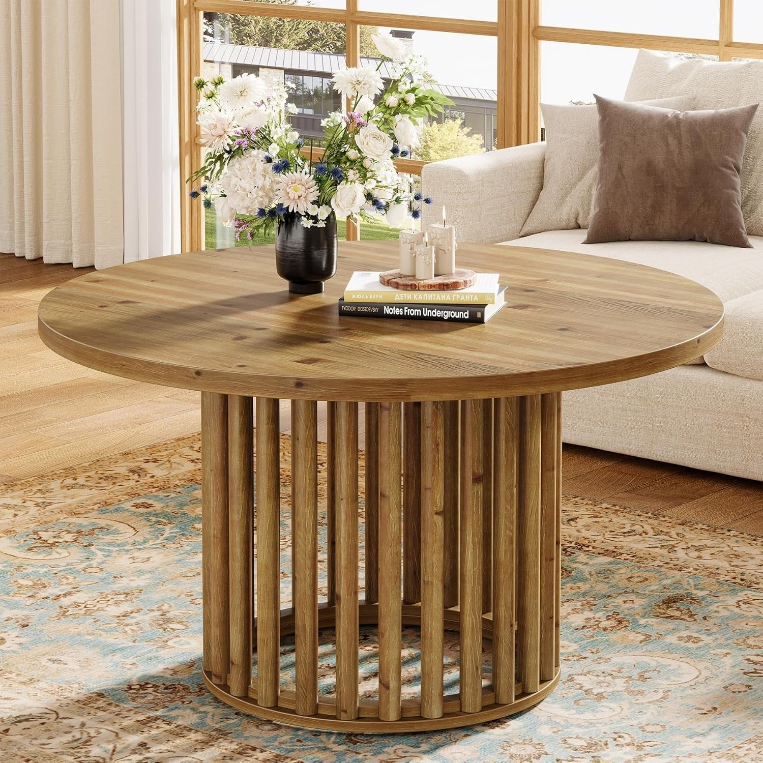 31.5" Solid Wood Round Coffee Table, Center Tea Table with Cylindrical Hollow Base