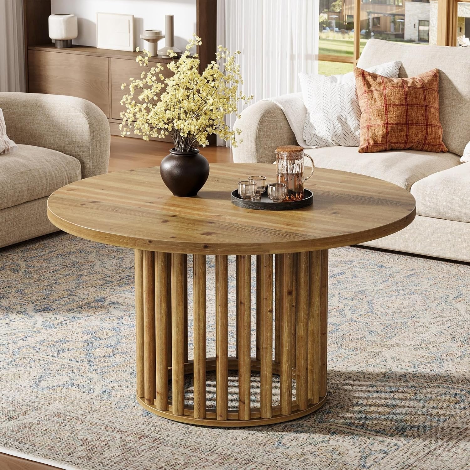 31.5" Solid Wood Round Coffee Table, Center Tea Table with Cylindrical Hollow Base