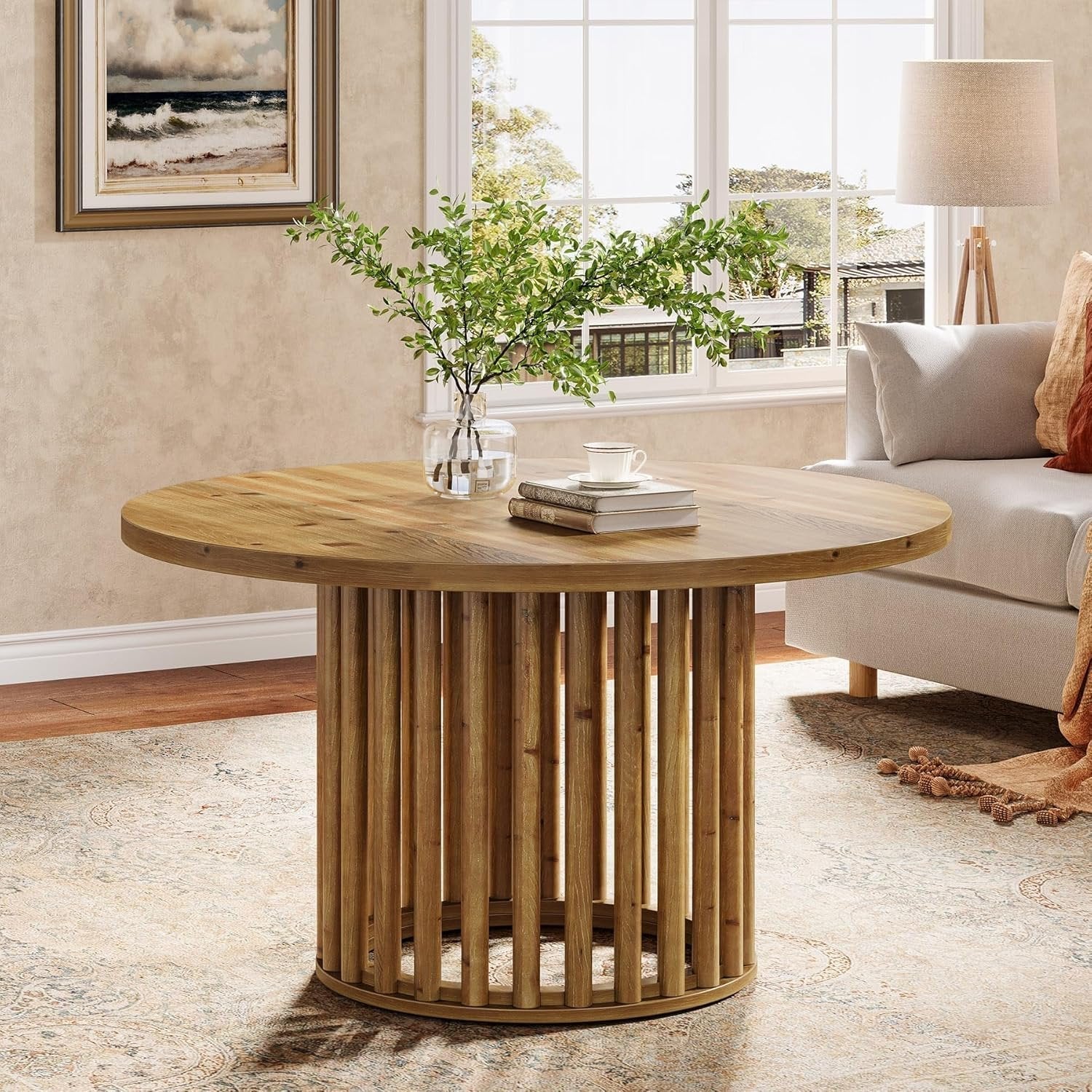 31.5" Solid Wood Round Coffee Table, Center Tea Table with Cylindrical Hollow Base