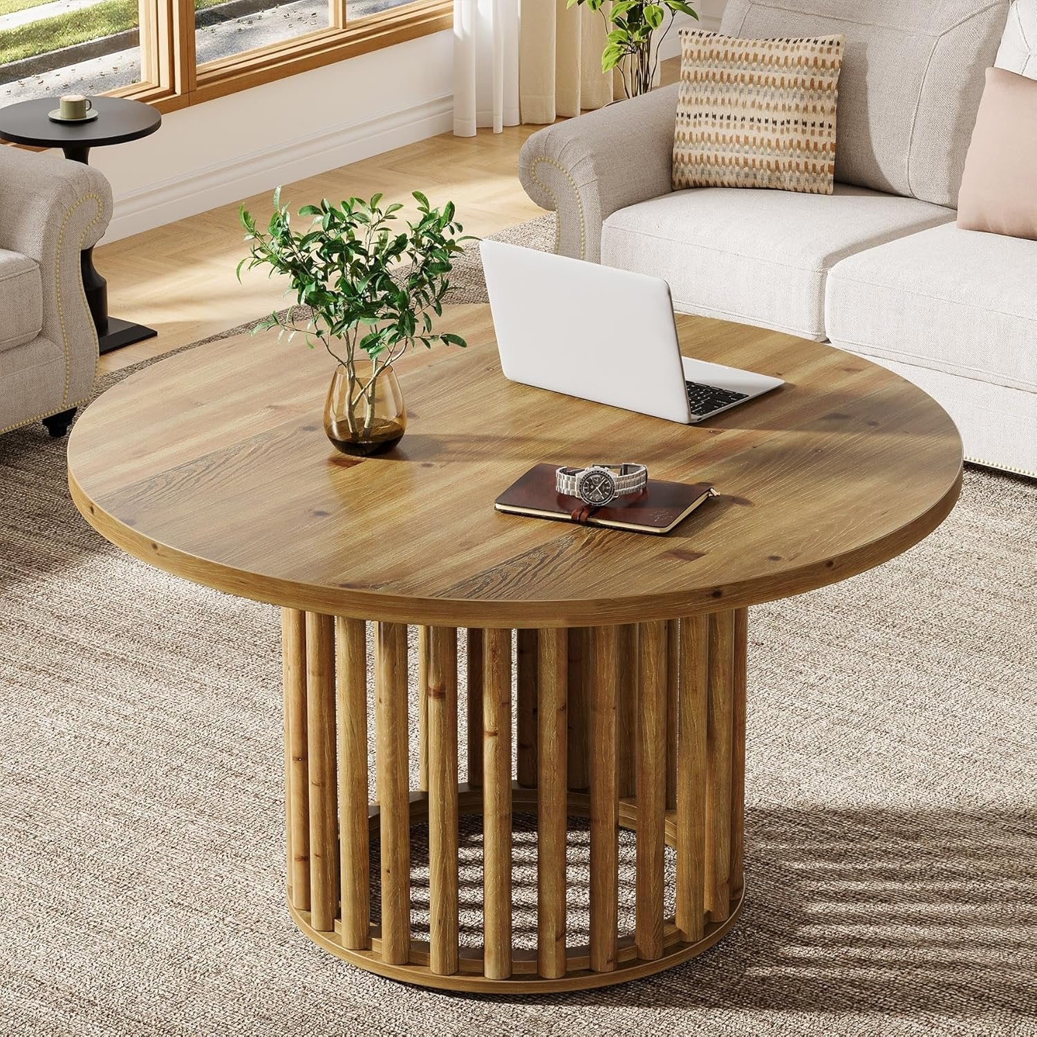 31.5" Solid Wood Round Coffee Table, Center Tea Table with Cylindrical Hollow Base