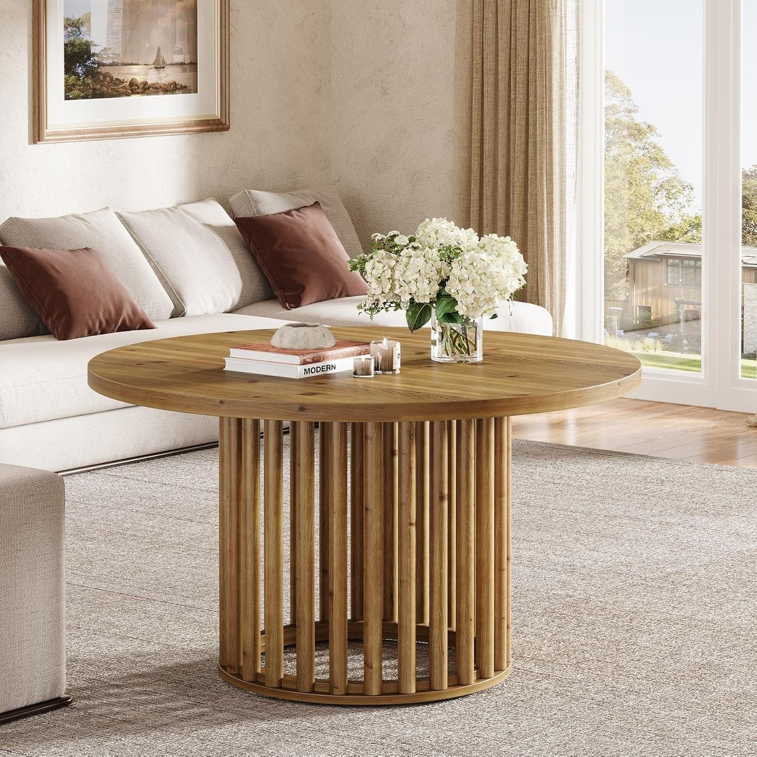 31.5" Solid Wood Round Coffee Table, Center Tea Table with Cylindrical Hollow Base