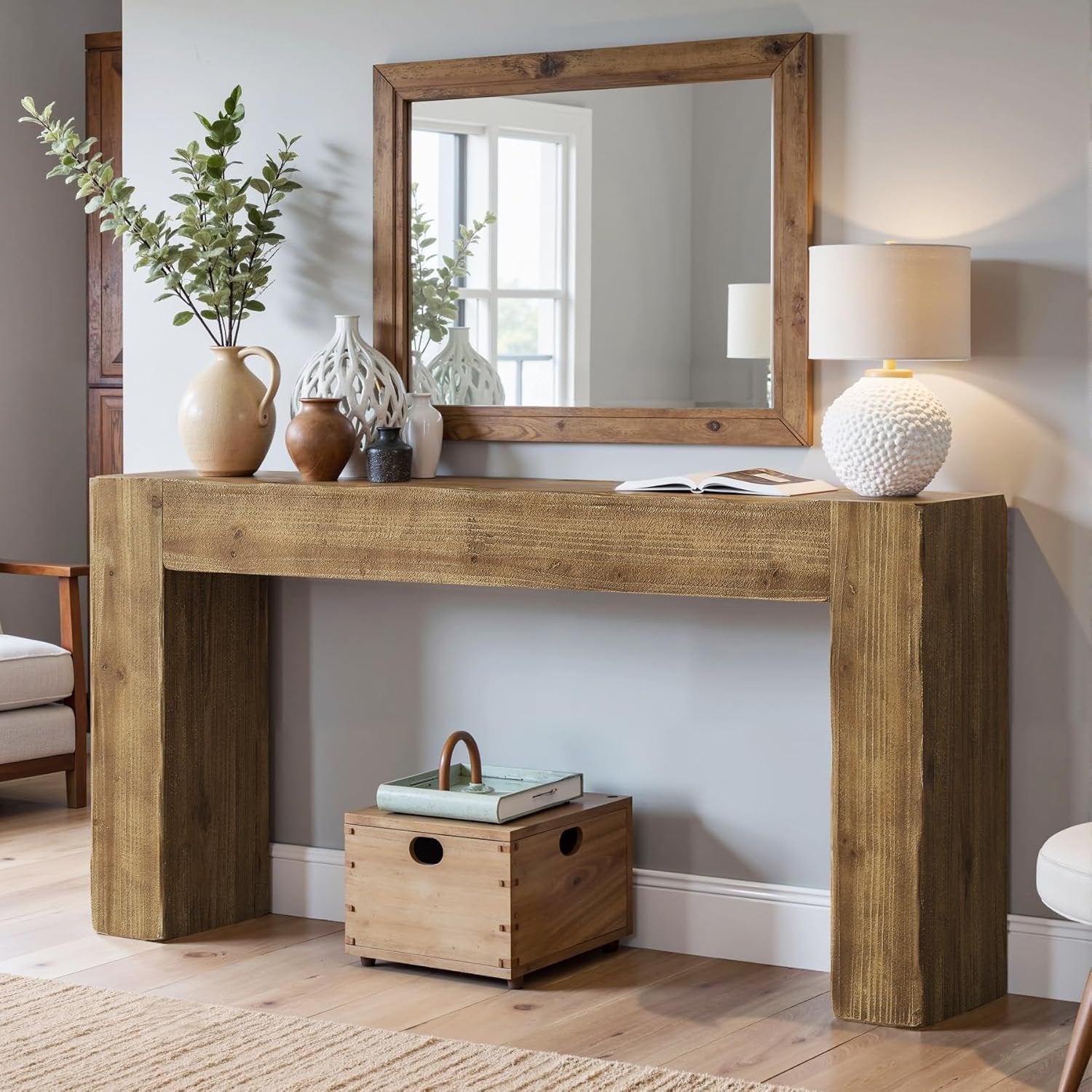 63" Solid Wood Console Table, Farmhouse Entryway Sofa Table for Living Room and Hallway