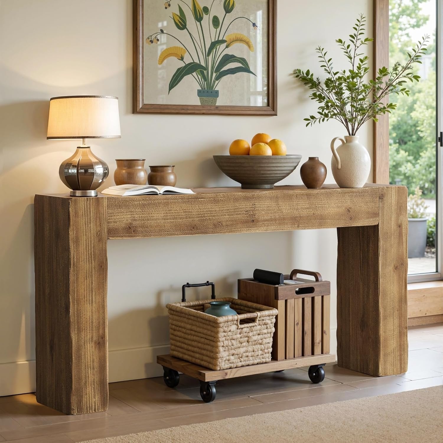 63" Solid Wood Console Table, Farmhouse Entryway Sofa Table for Living Room and Hallway