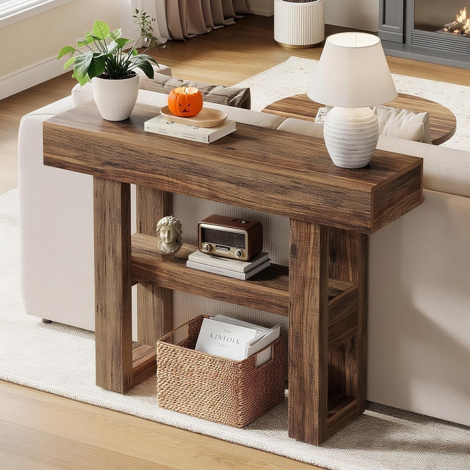 41.34" Console Table with 2 Tier Storage, Rustic Narrow Entryway Sofa Table for Hallway