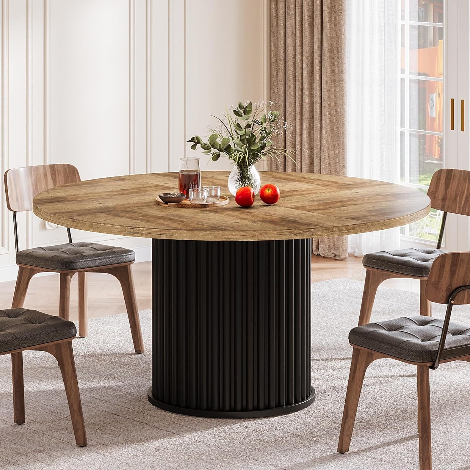 47" Round Dining Table, Wood Kitchen Table With Sturdy Fluted Metal Base