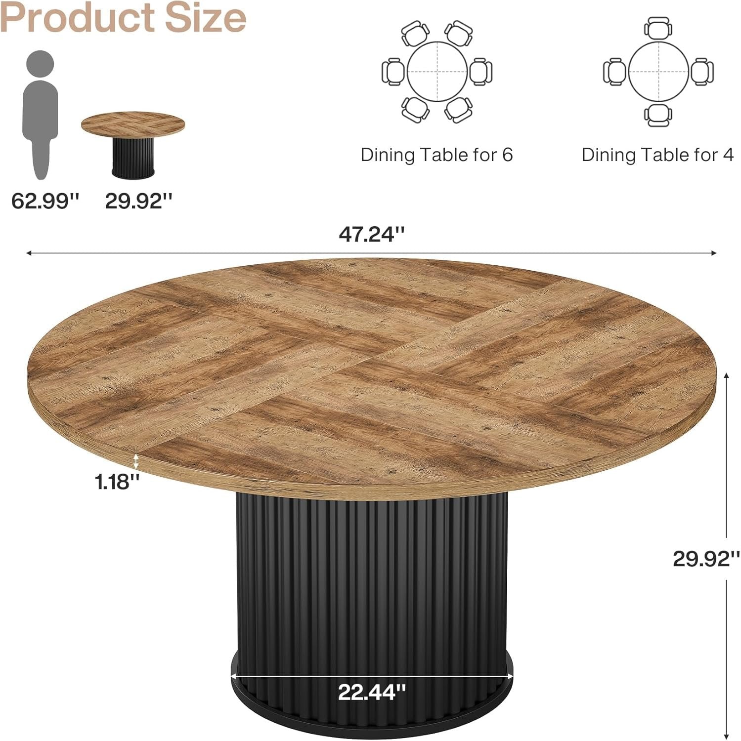 47" Round Dining Table, Wood Kitchen Table With Sturdy Fluted Metal Base