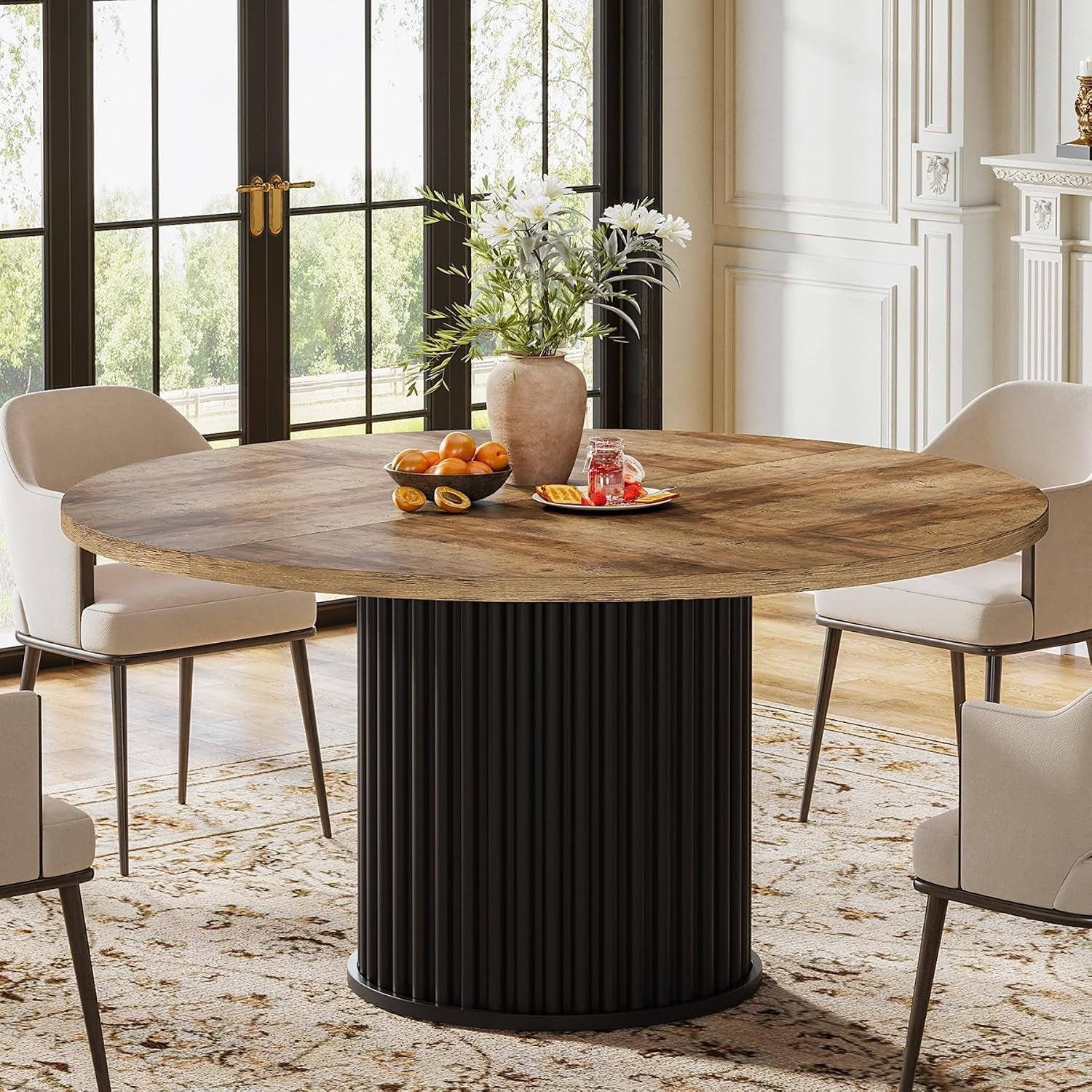 47" Round Dining Table, Wood Kitchen Table With Sturdy Fluted Metal Base