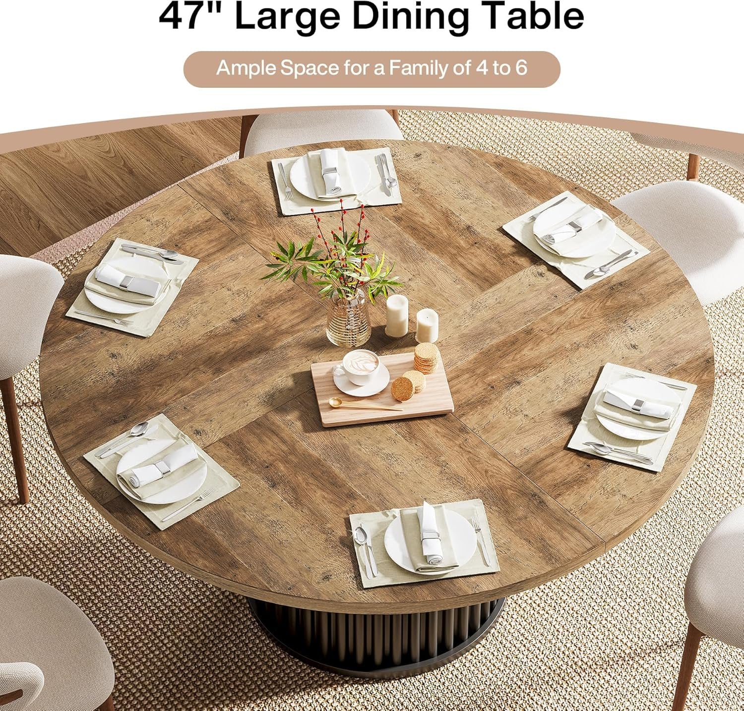 47" Round Dining Table, Wood Kitchen Table With Sturdy Fluted Metal Base