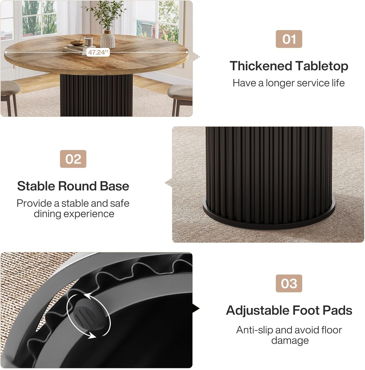 47" Round Dining Table, Wood Kitchen Table With Sturdy Fluted Metal Base