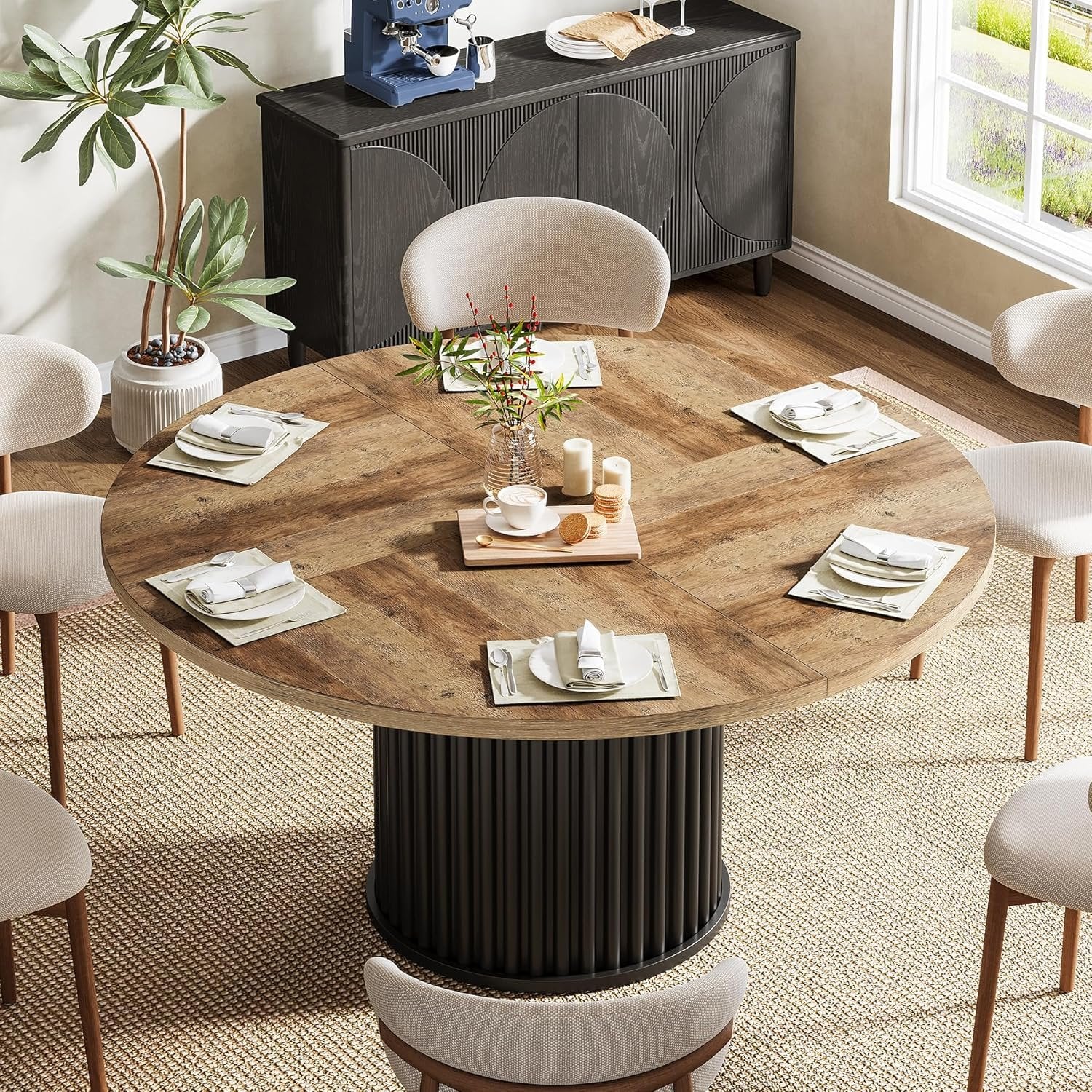 47" Round Dining Table, Wood Kitchen Table With Sturdy Fluted Metal Base