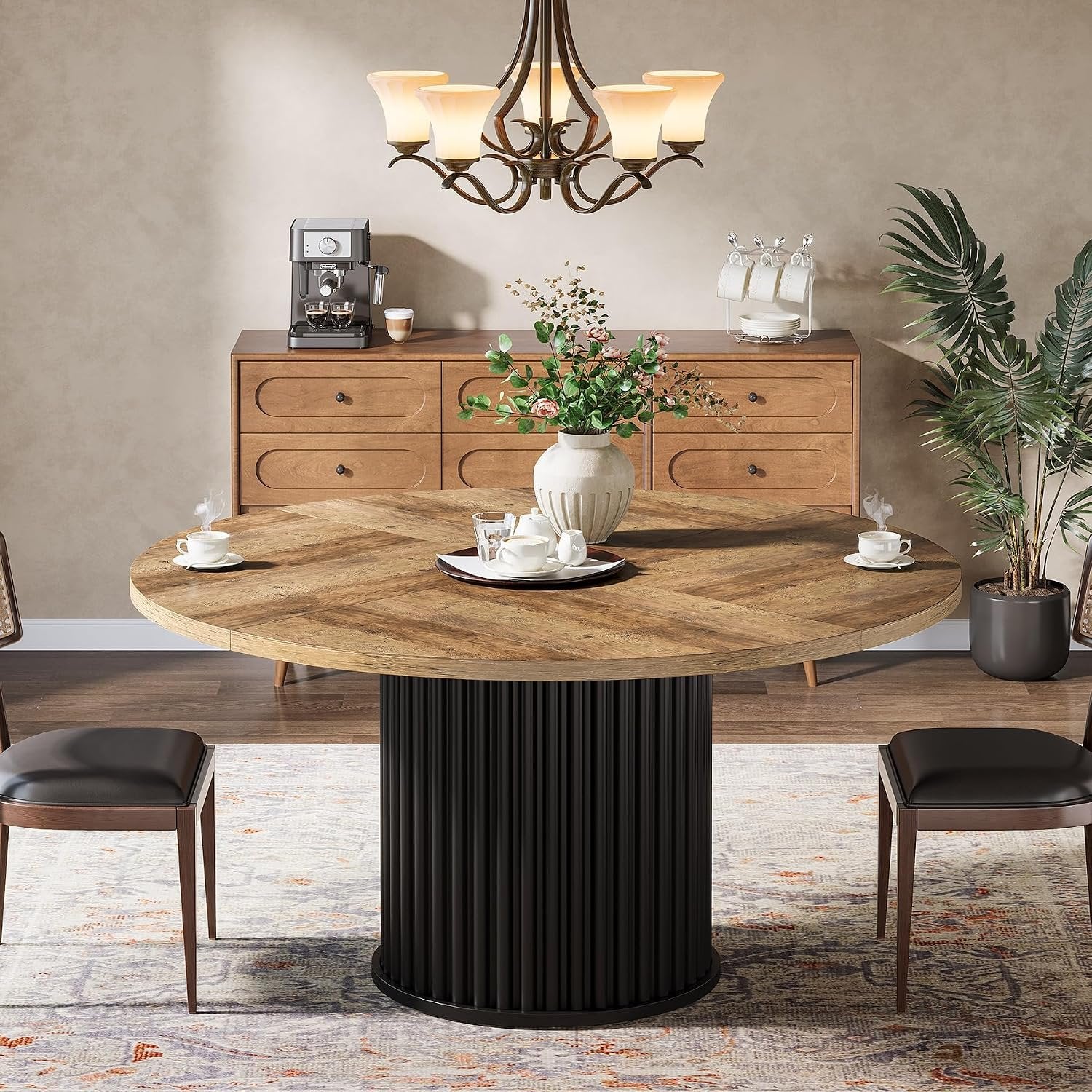 47" Round Dining Table, Wood Kitchen Table With Sturdy Fluted Metal Base