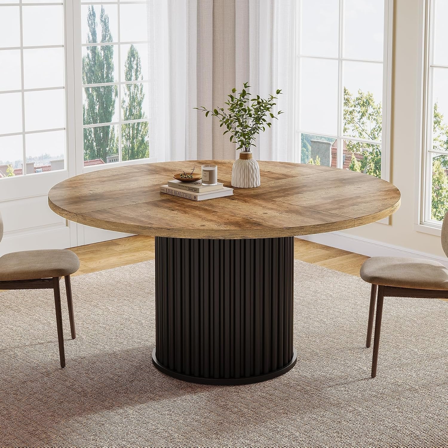 47" Round Dining Table, Wood Kitchen Table With Sturdy Fluted Metal Base