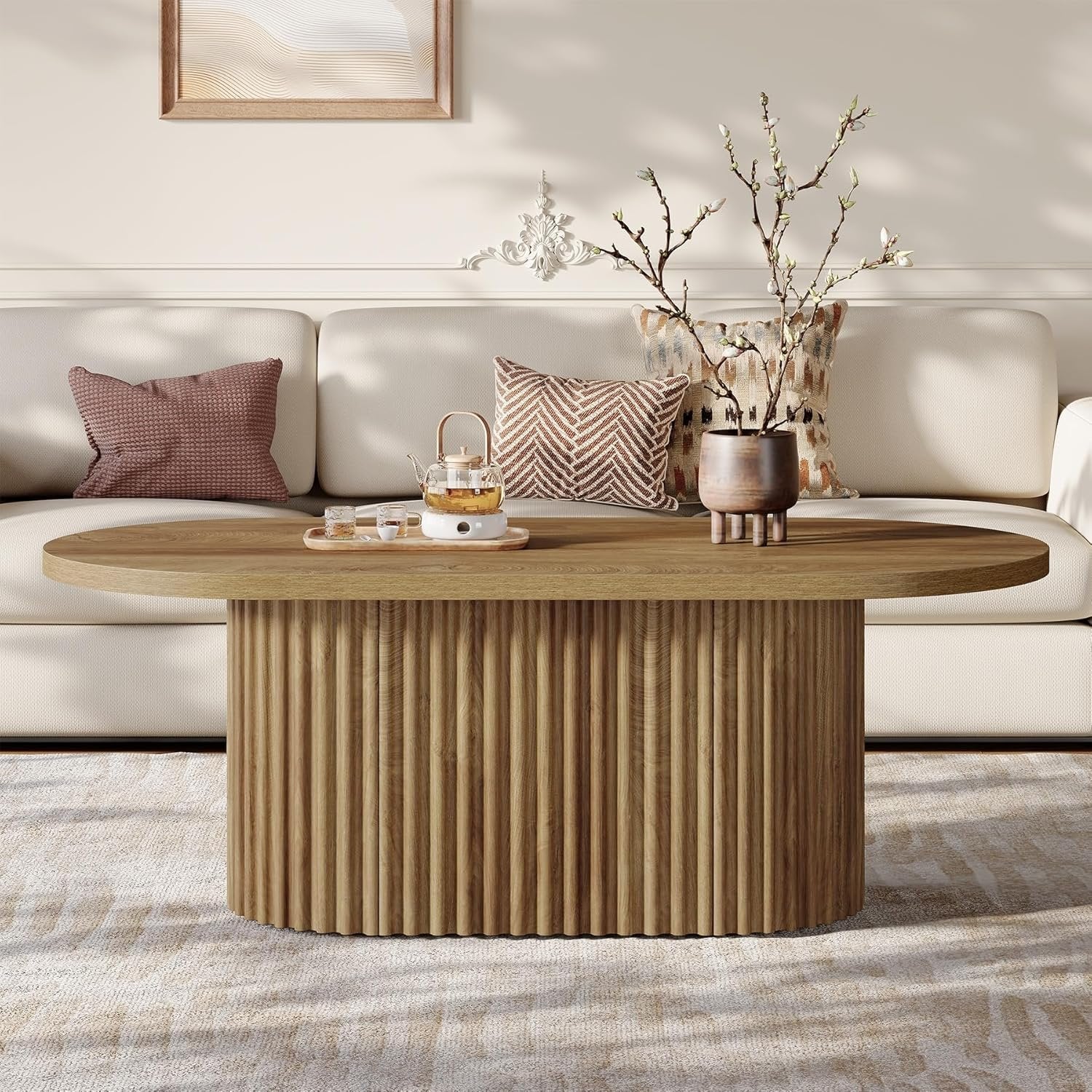 47.2" Oval Coffee Table, Farmhouse Wooden Center Table with Fluted Design for Living Room