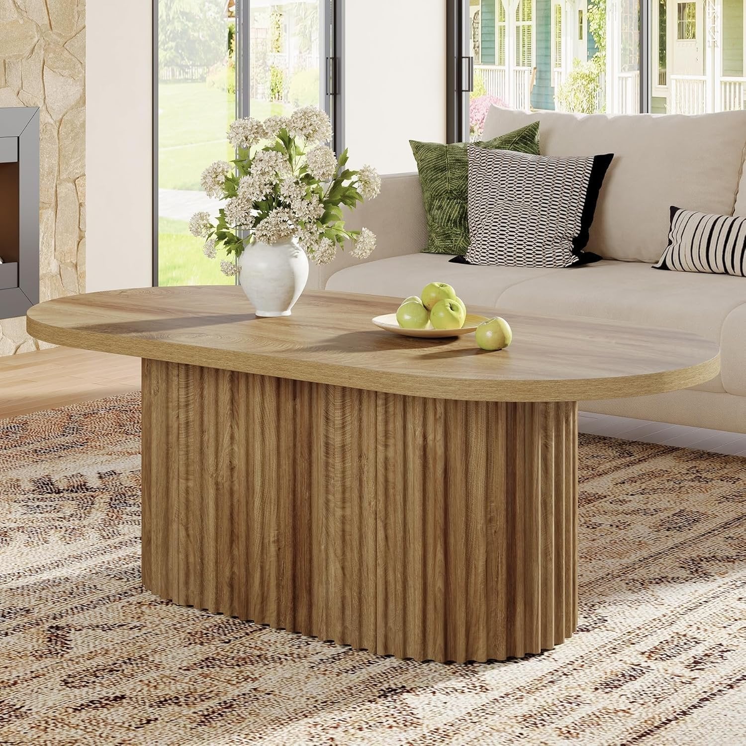 47.2" Oval Coffee Table, Farmhouse Wooden Center Table with Fluted Design for Living Room