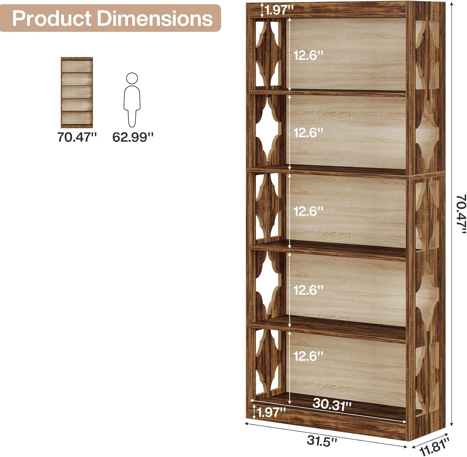 6-Tier Bookshelf, 70" Wood Bookcase with Storage Shelves