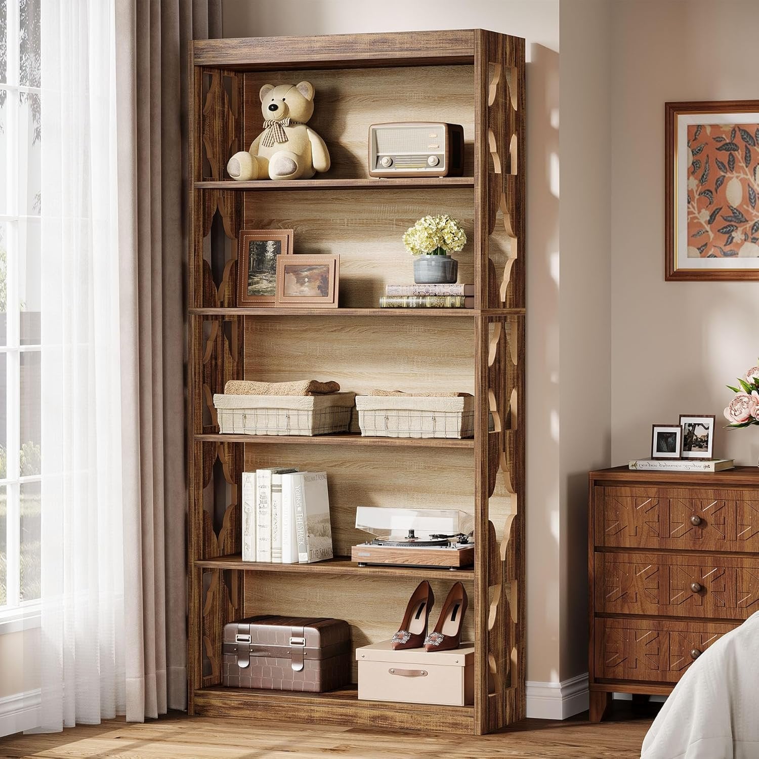 6-Tier Bookshelf, 70" Wood Bookcase with Storage Shelves