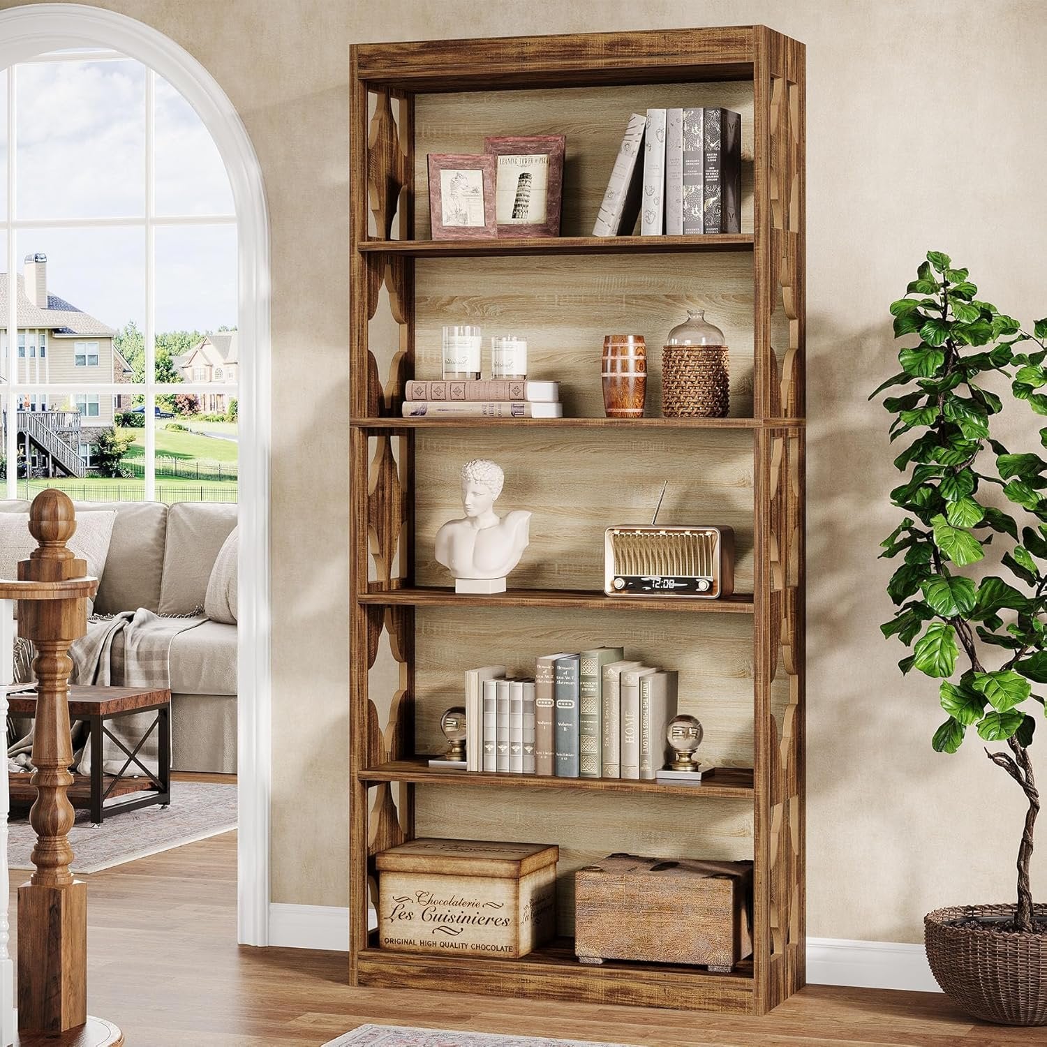 6-Tier Bookshelf, 70" Wood Bookcase with Storage Shelves