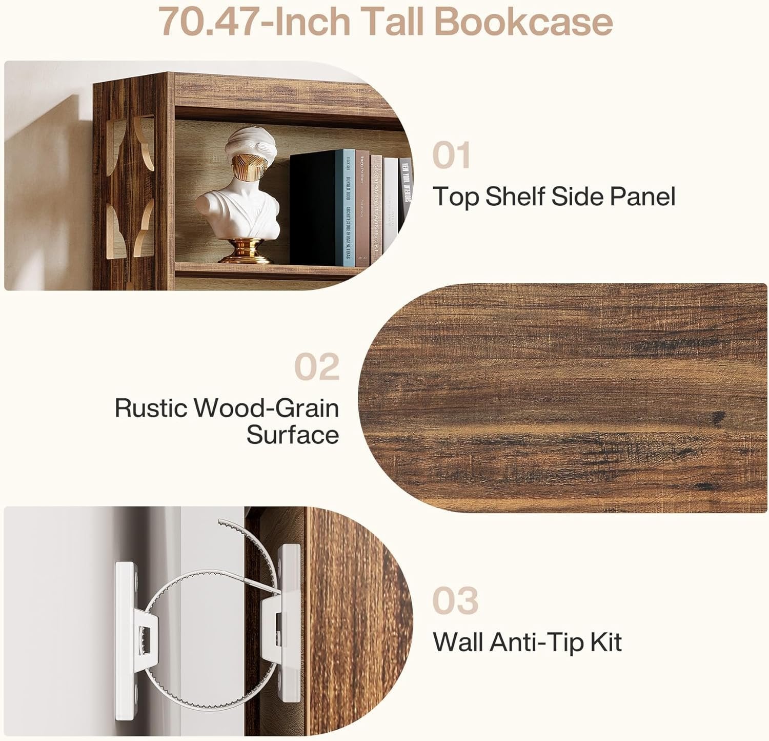 6-Tier Bookshelf, 70" Wood Bookcase with Storage Shelves