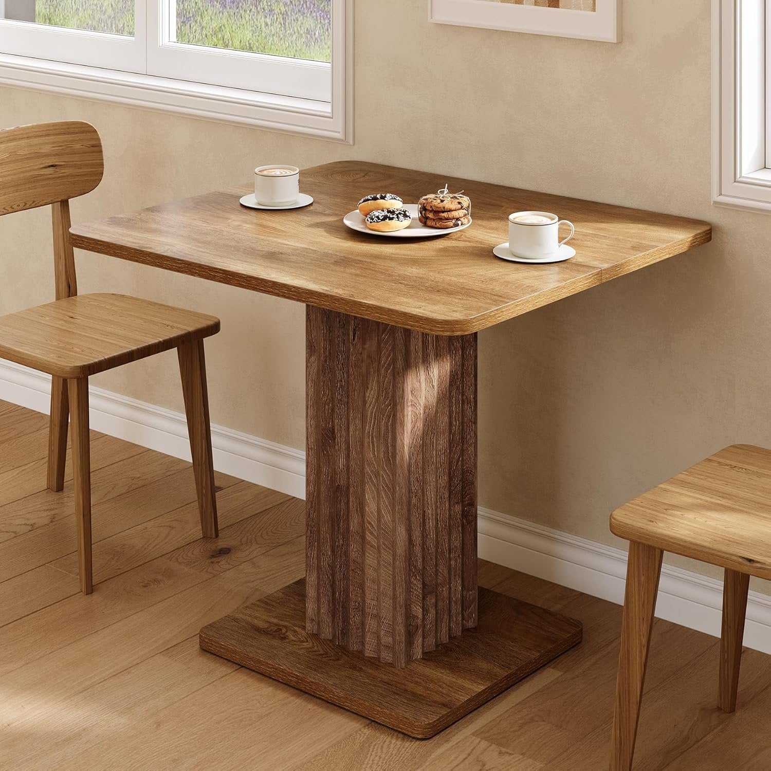 90cm Small Dining Table with Fluted Pedestal Base, Modern Farmhouse Kitchen Table for 2-4 People