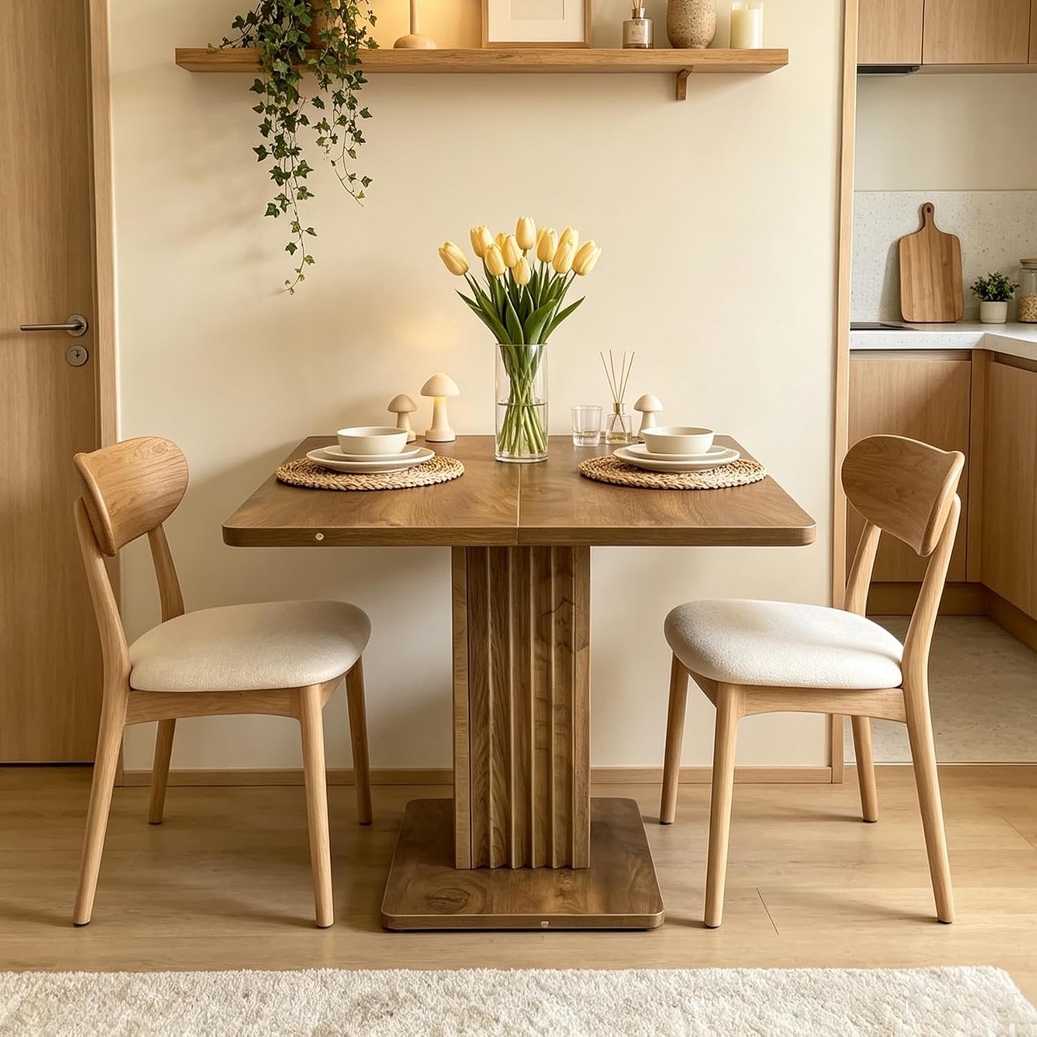 90cm Small Dining Table with Fluted Pedestal Base, Modern Farmhouse Kitchen Table for 2-4 People