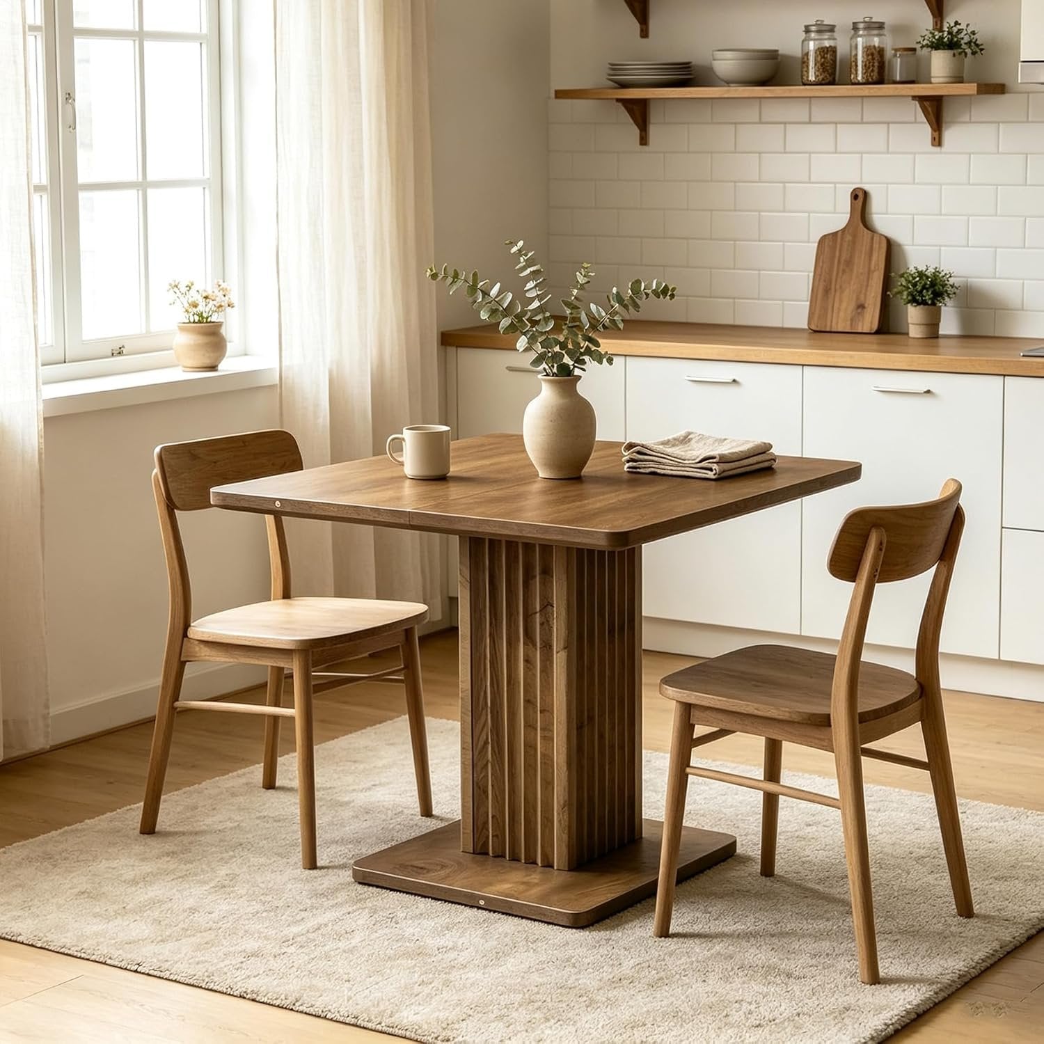 90cm Small Dining Table with Fluted Pedestal Base, Modern Farmhouse Kitchen Table for 2-4 People
