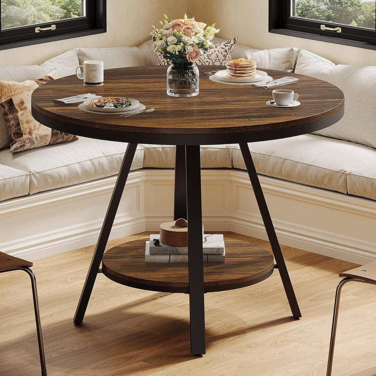 90cm Round Dining Table, 4-Seater Country Metal Legs for Kitchen Living Room