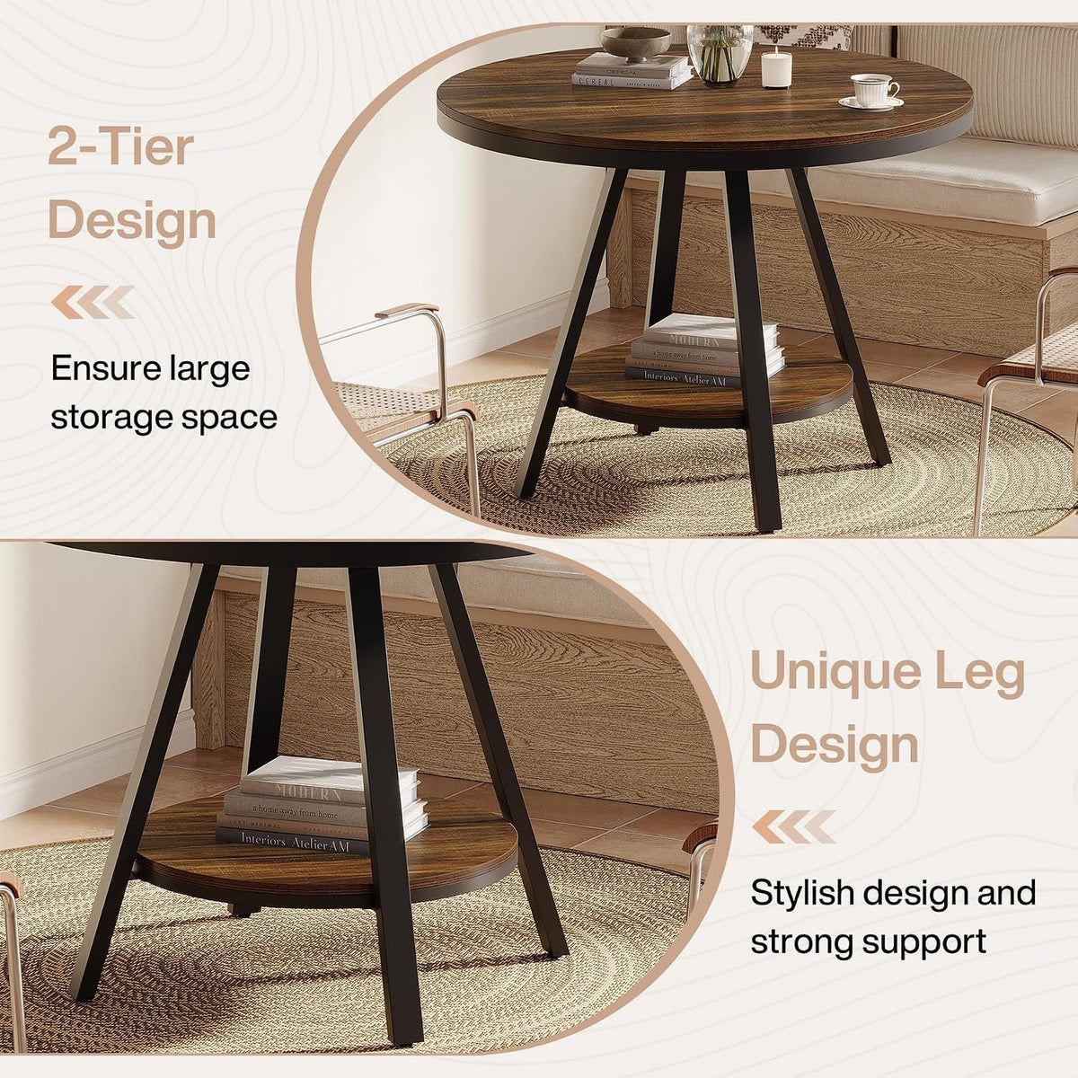 90cm Round Dining Table, 4-Seater Country Metal Legs for Kitchen Living Room