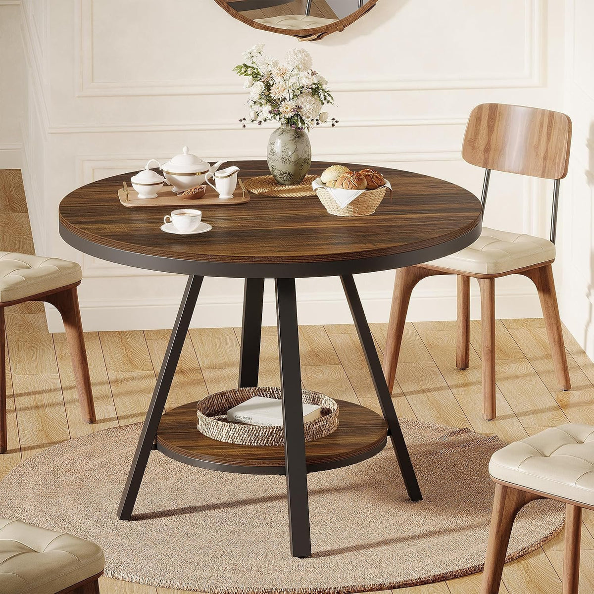 90cm Round Dining Table, 4-Seater Country Metal Legs for Kitchen Living Room