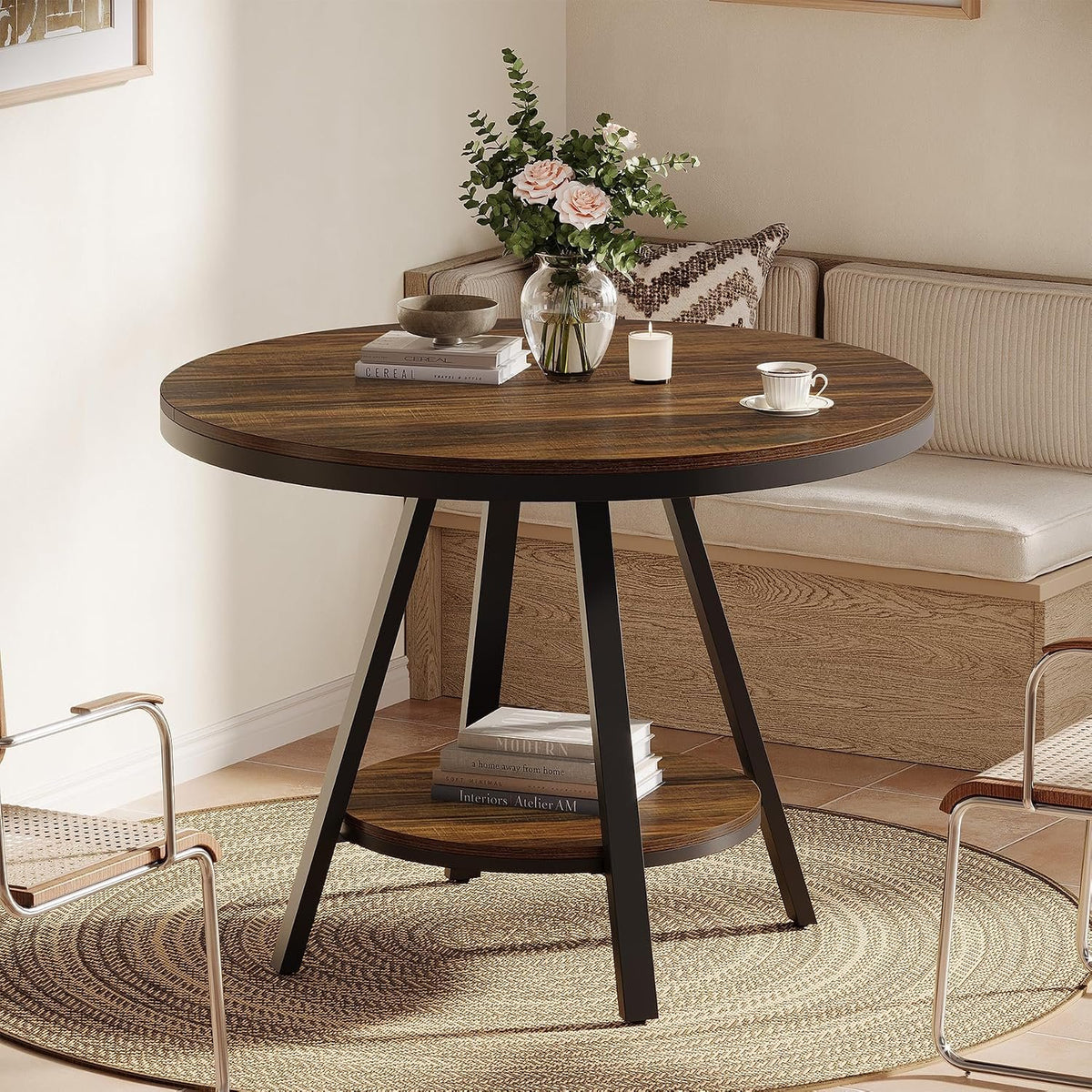 90cm Round Dining Table, 4-Seater Country Metal Legs for Kitchen Living Room