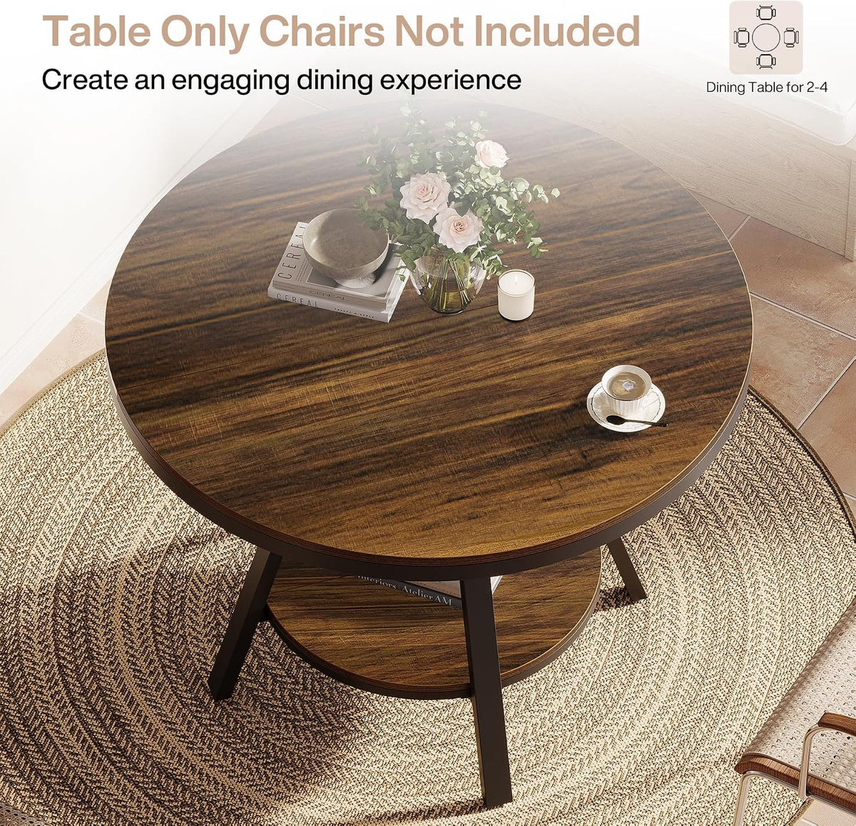 90cm Round Dining Table, 4-Seater Country Metal Legs for Kitchen Living Room