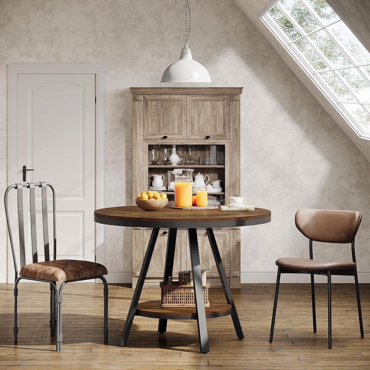 90cm Round Dining Table, 4-Seater Country Metal Legs for Kitchen Living Room