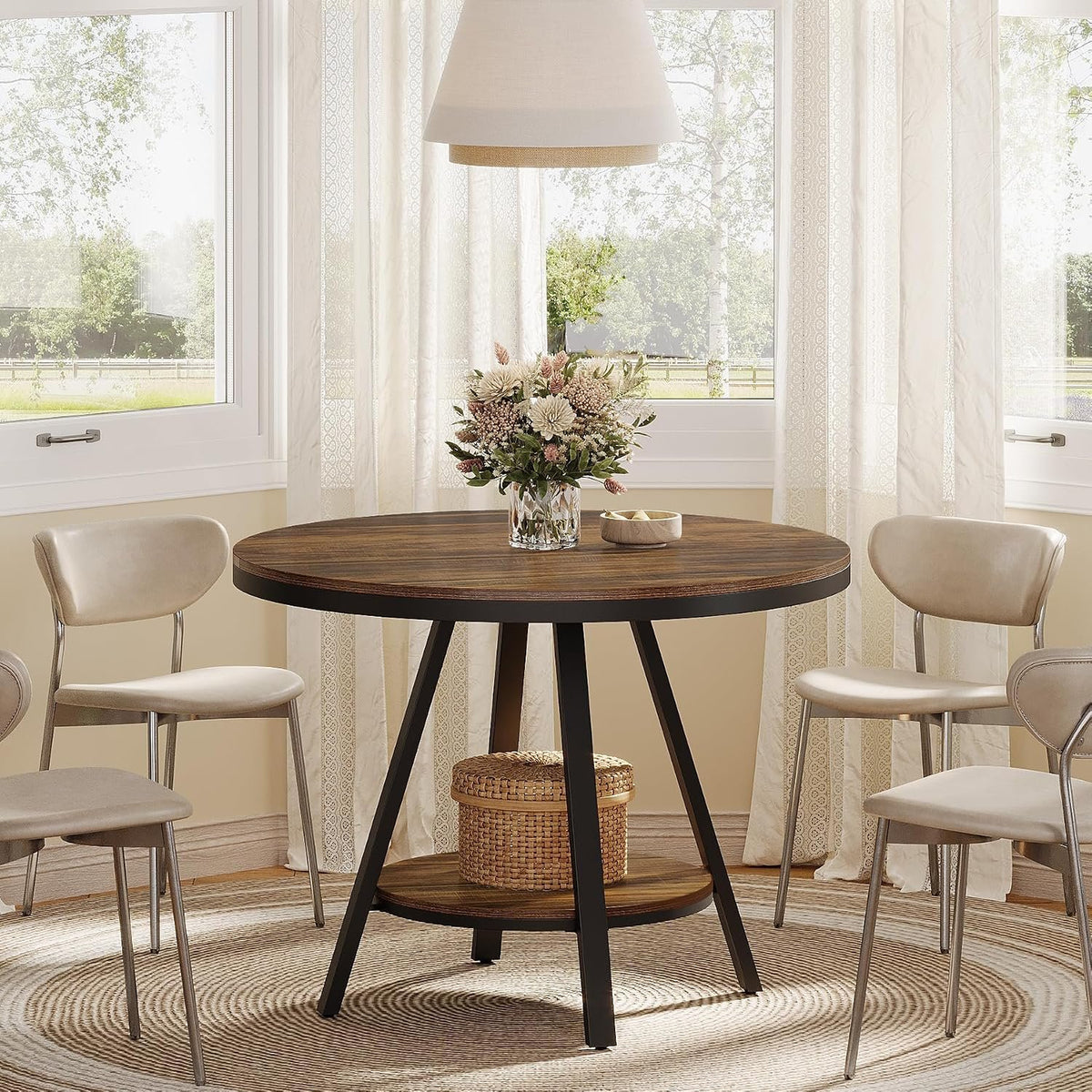 90cm Round Dining Table, 4-Seater Country Metal Legs for Kitchen Living Room