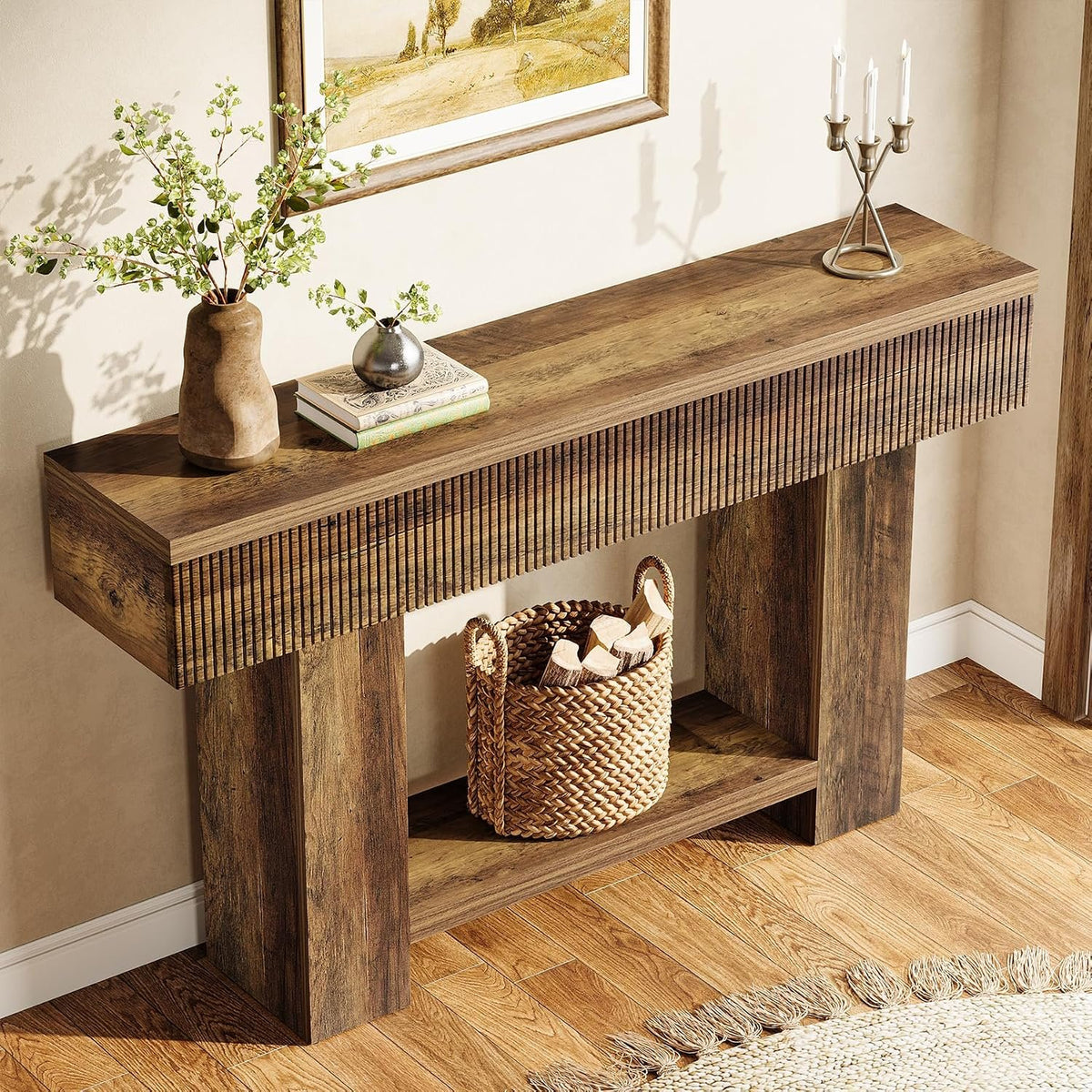 140cm Console Table, Rustic Entryway Table with Storage Shelf