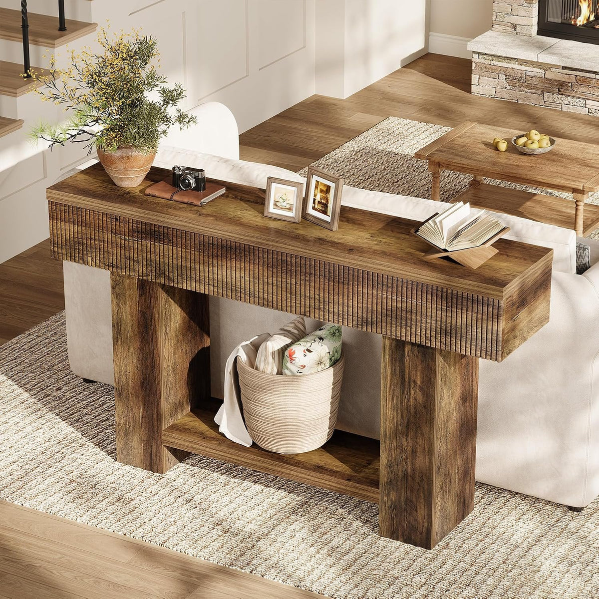 140cm Console Table, Rustic Entryway Table with Storage Shelf