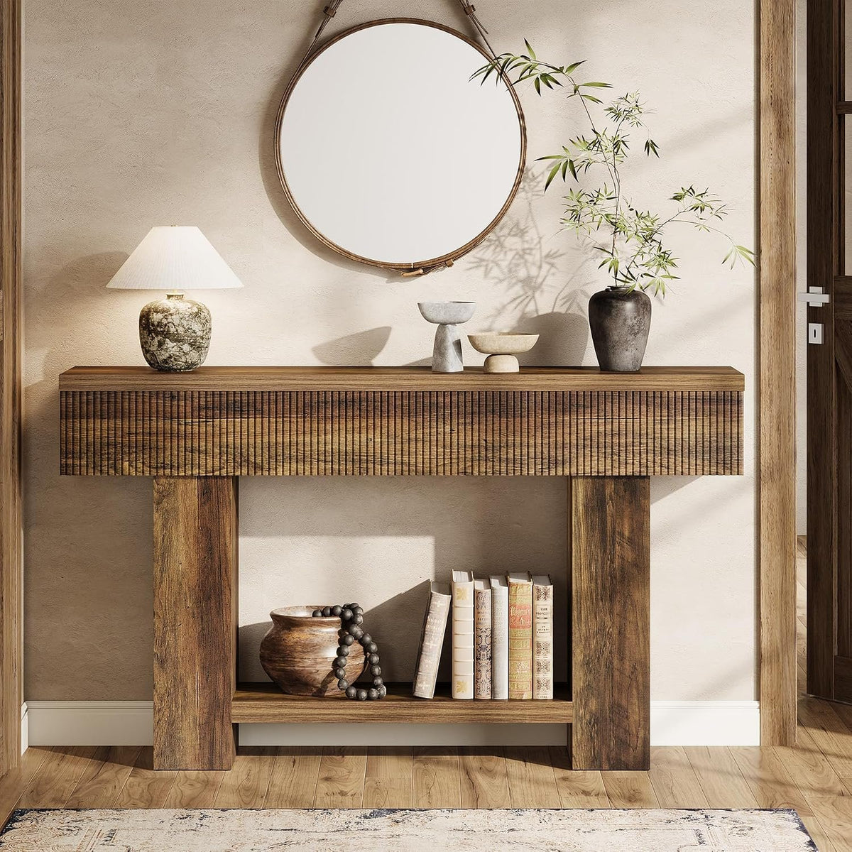 140cm Console Table, Rustic Entryway Table with Storage Shelf