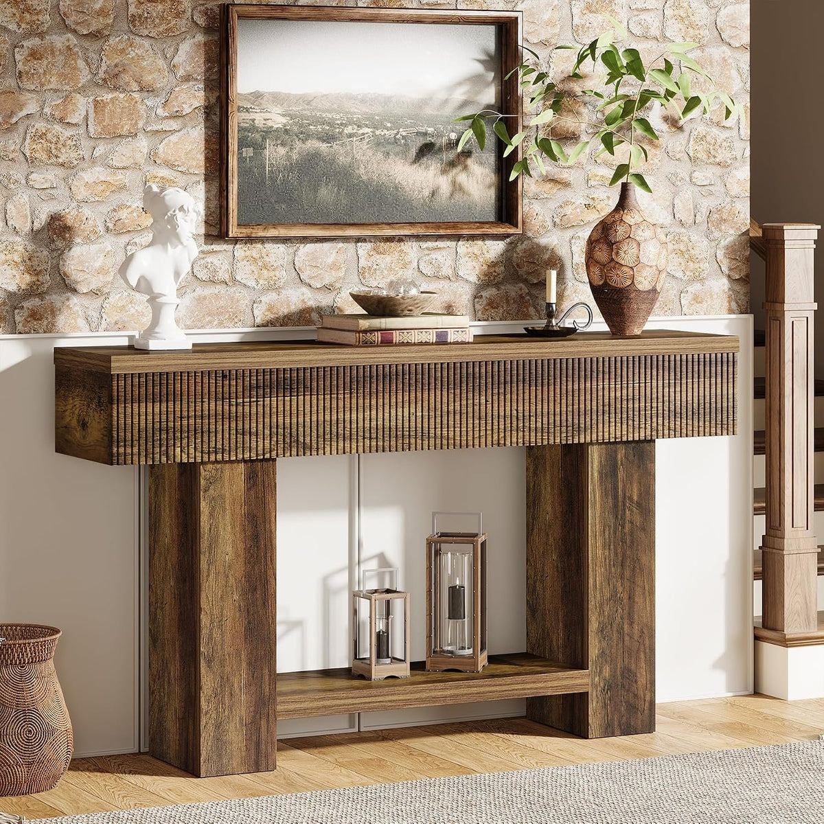 140cm Console Table, Rustic Entryway Table with Storage Shelf