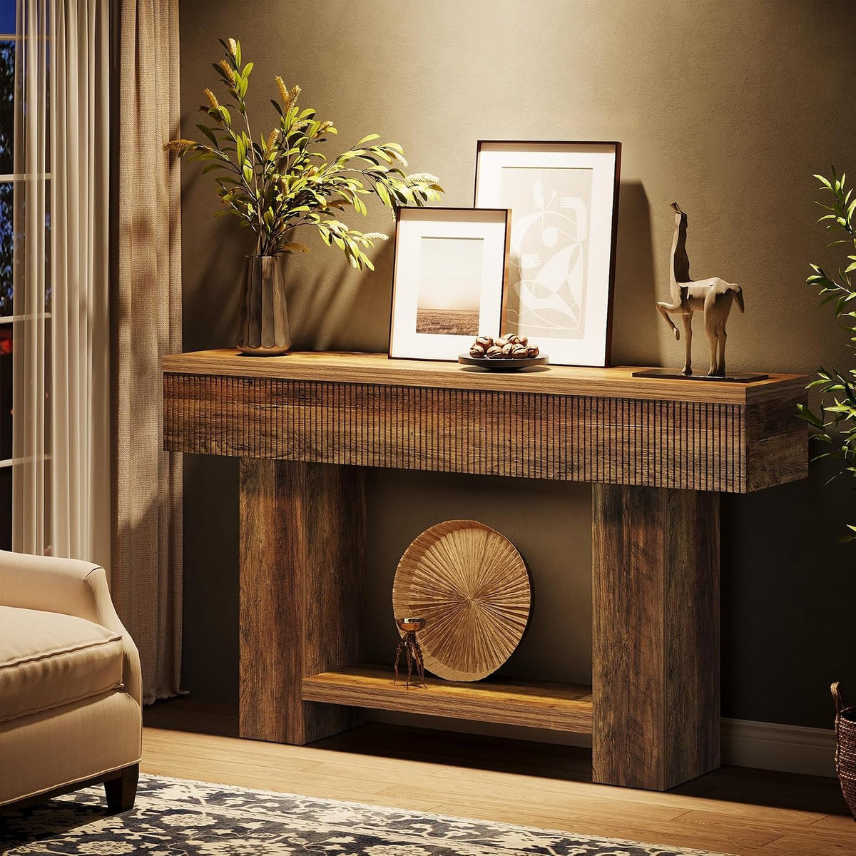 140cm Console Table, Rustic Entryway Table with Storage Shelf