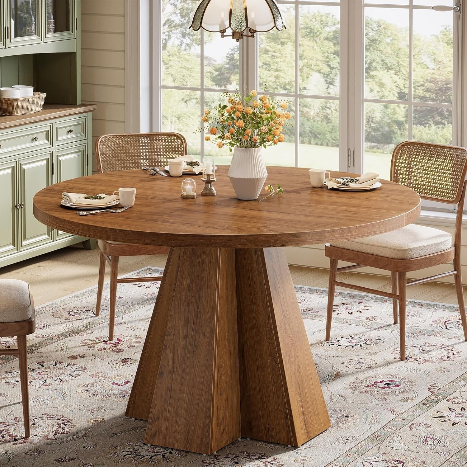 47" Round Dining Table for 4, Circle Kitchen Table with Pedestal Base