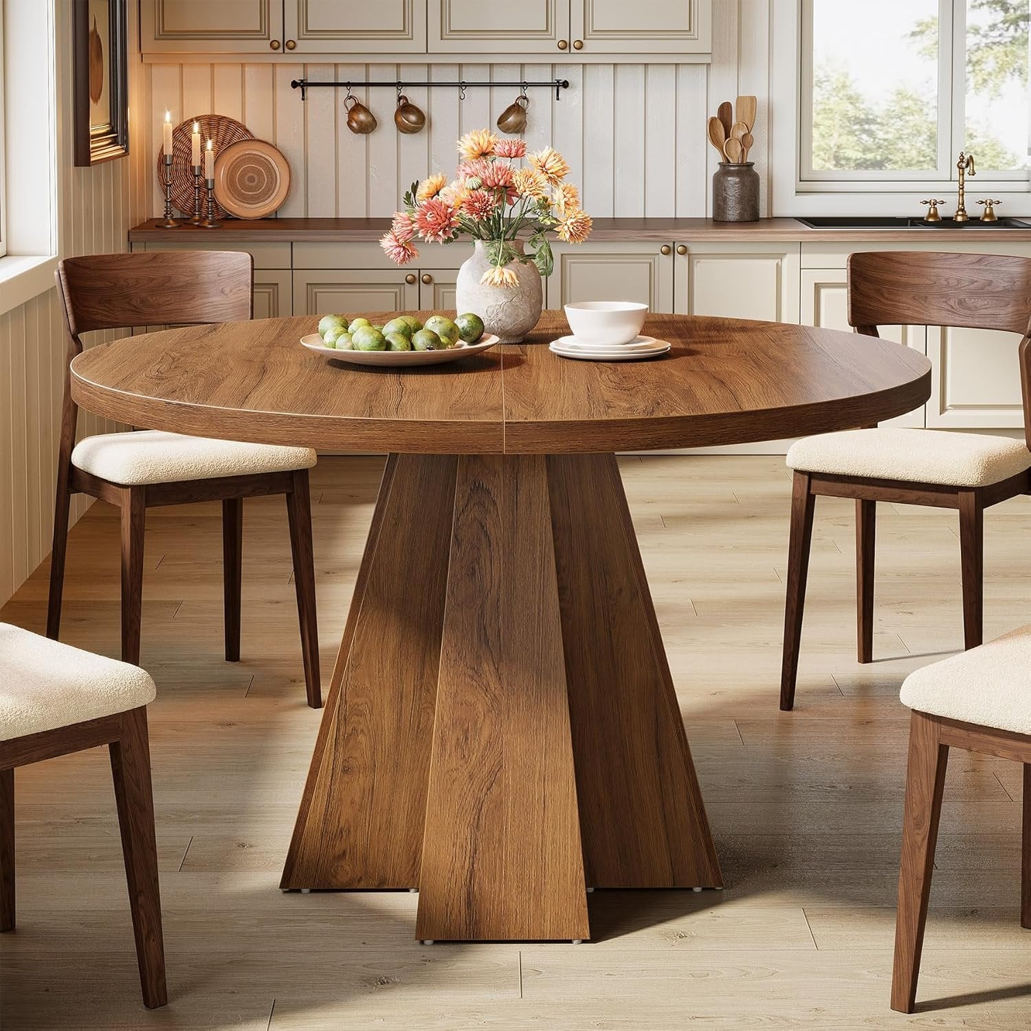 47" Round Dining Table for 4, Circle Kitchen Table with Pedestal Base