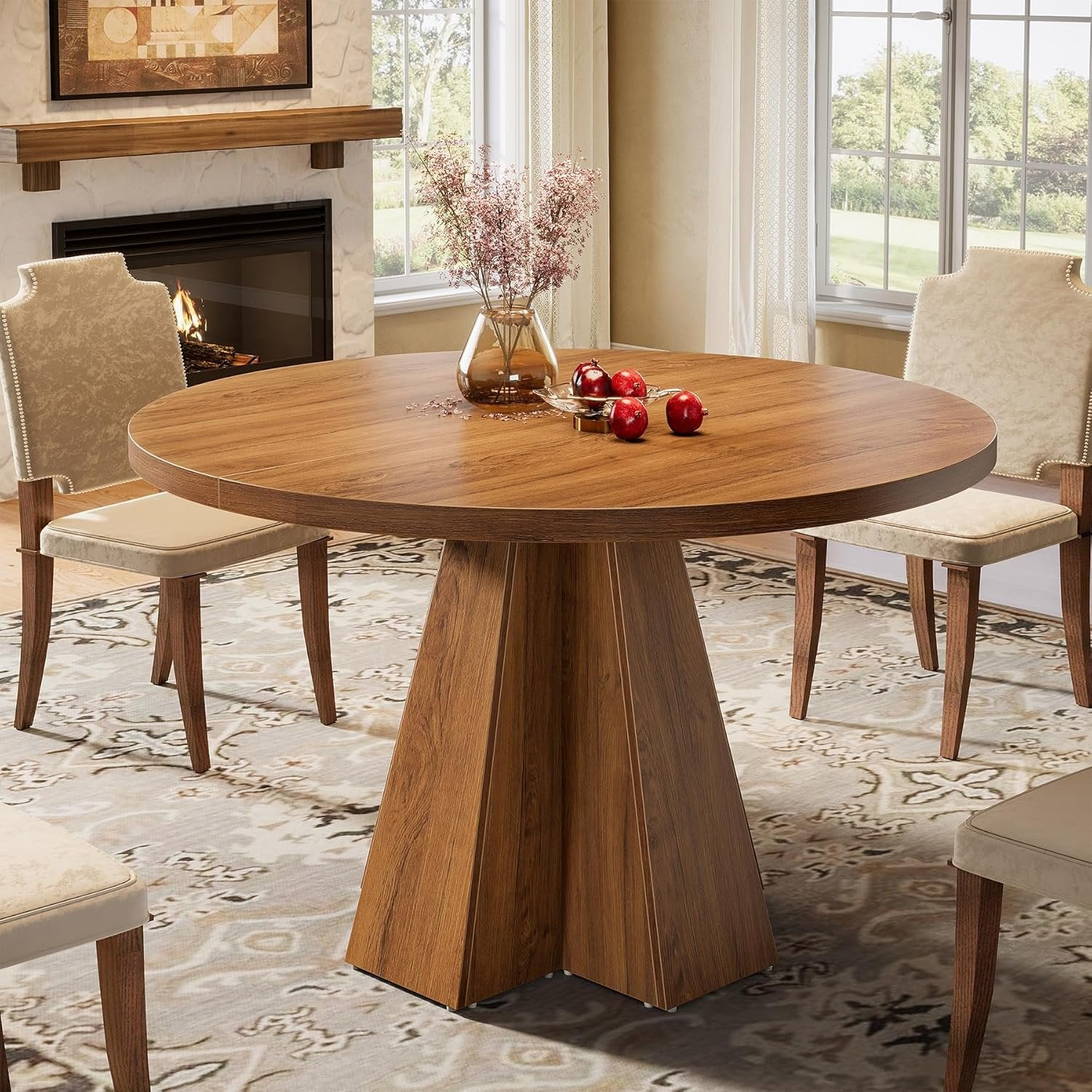 47" Round Dining Table for 4, Circle Kitchen Table with Pedestal Base