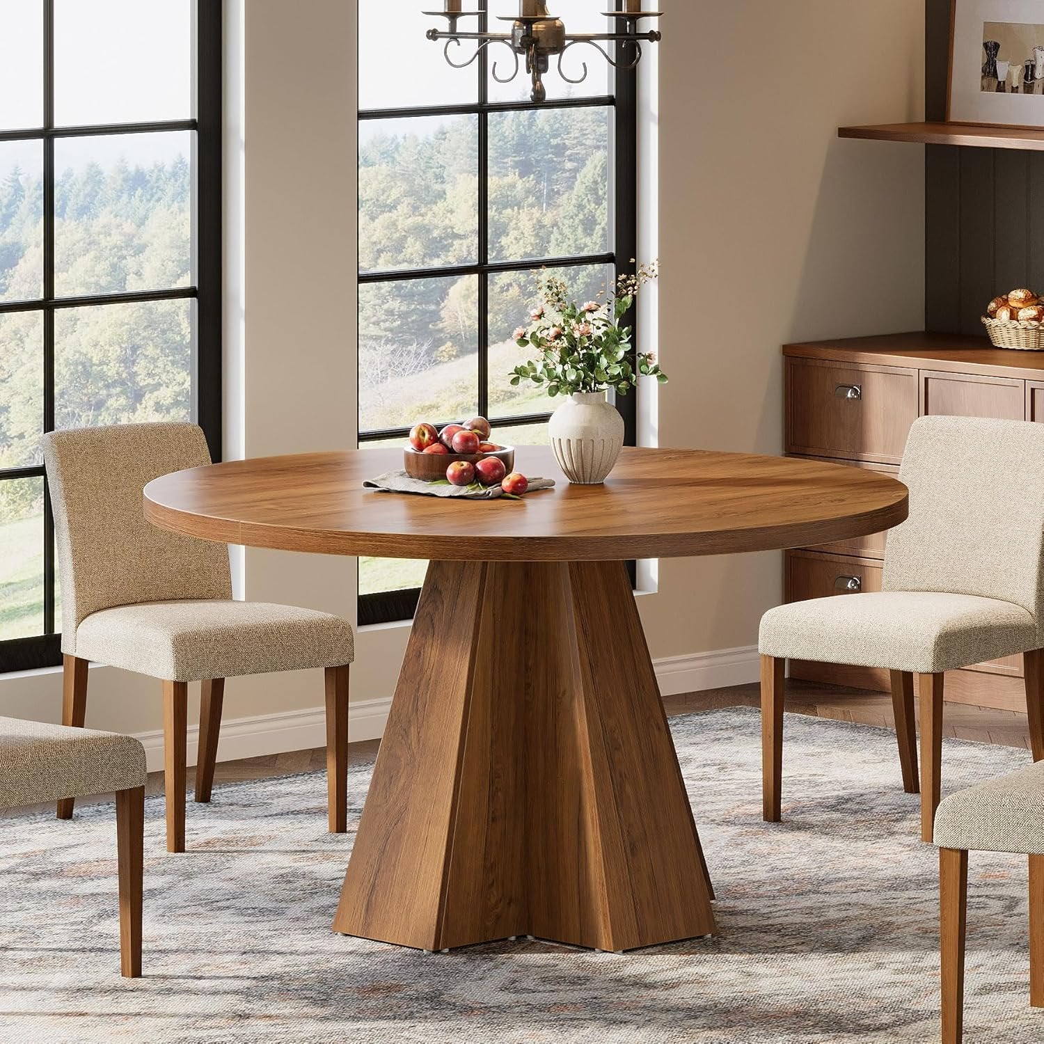 47" Round Dining Table for 4, Circle Kitchen Table with Pedestal Base