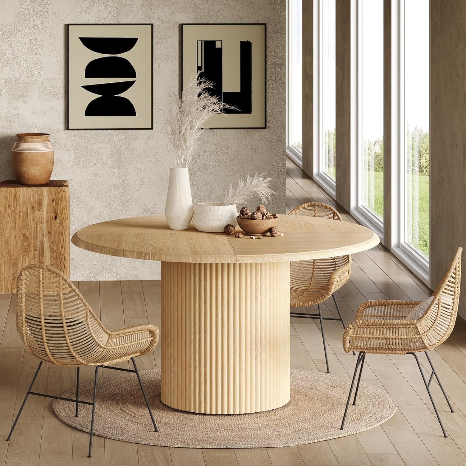 47.24" Round Dining Table, Farmhouse Kitchen Table with Metal Base for 4