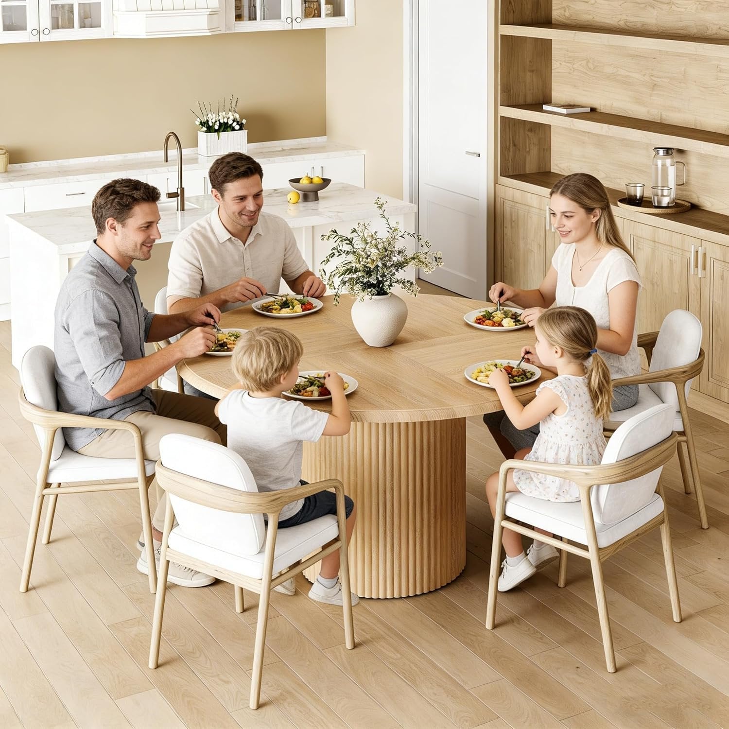 47.24" Round Dining Table, Farmhouse Kitchen Table with Metal Base for 4