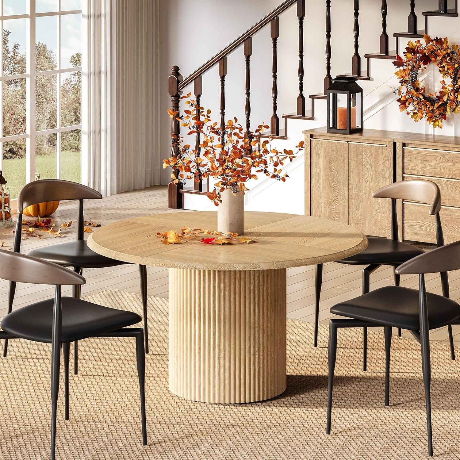 47.24" Round Dining Table, Farmhouse Kitchen Table with Metal Base for 4