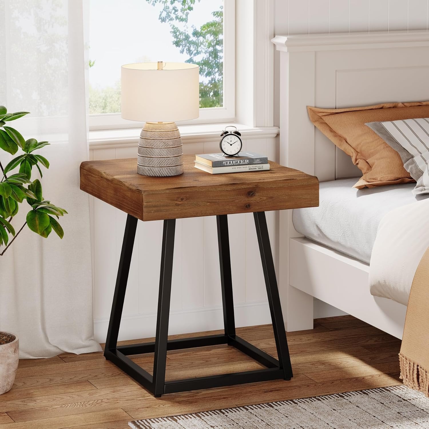19.69" Solid Wood Nightstand, Industrial Square Bedside Table with Metal Frame