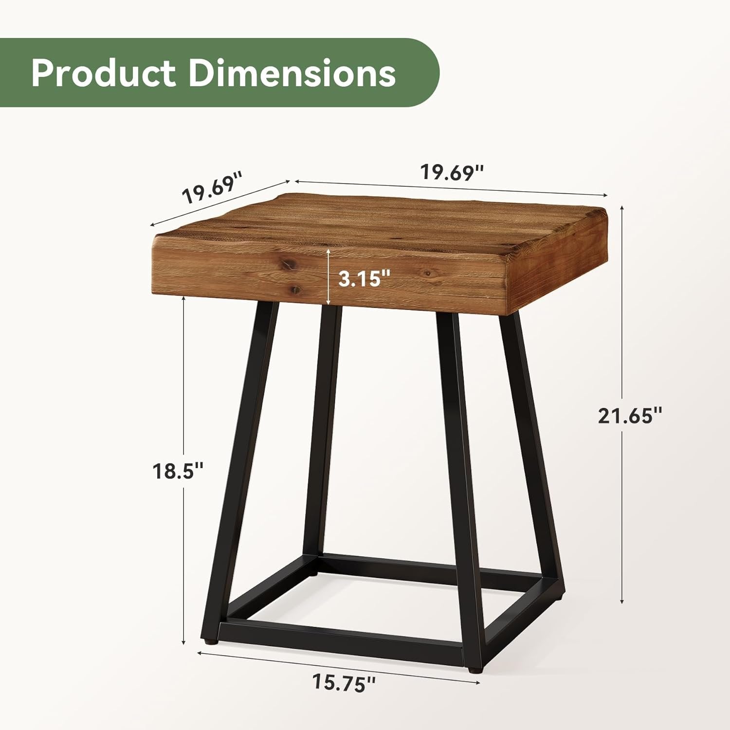 19.69" Solid Wood Nightstand, Industrial Square Bedside Table with Metal Frame