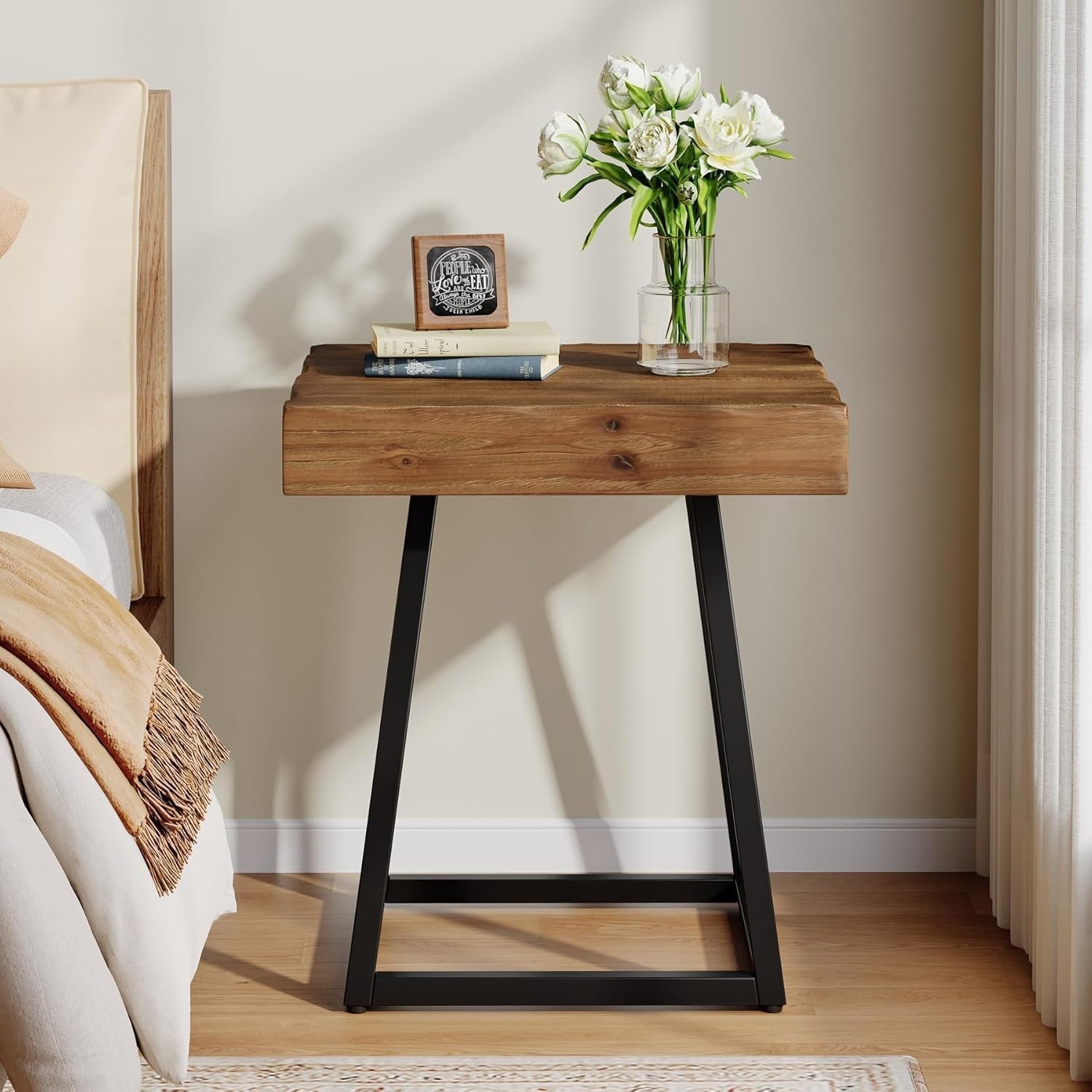 19.69" Solid Wood Nightstand, Industrial Square Bedside Table with Metal Frame