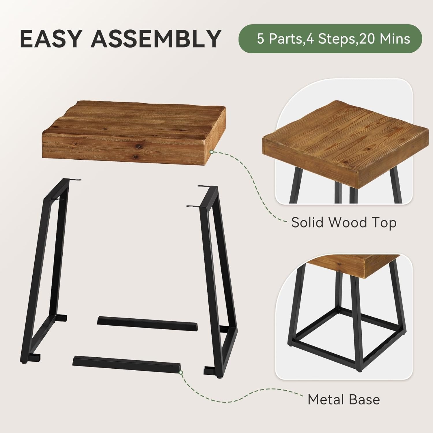 19.69" Solid Wood Nightstand, Industrial Square Bedside Table with Metal Frame