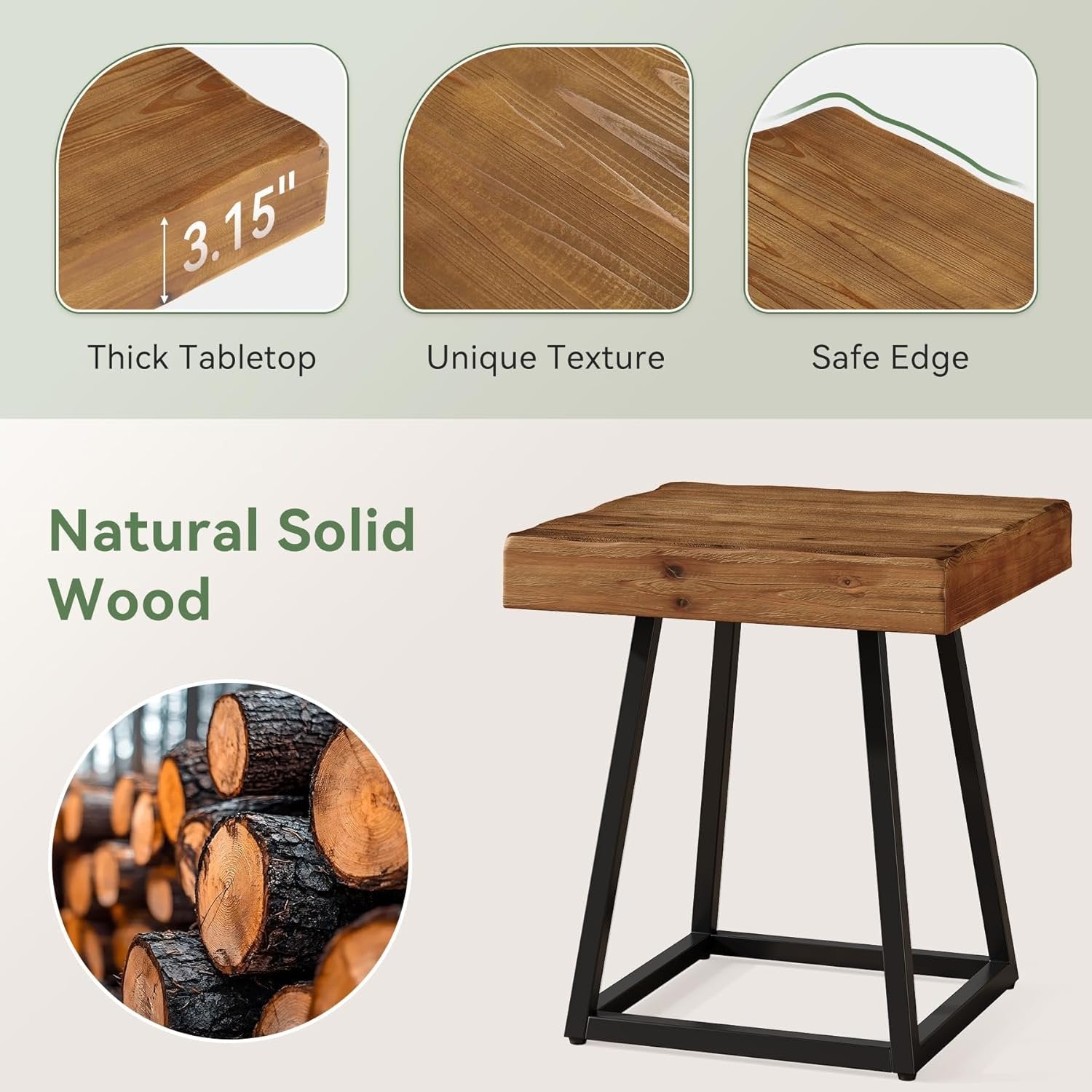 19.69" Solid Wood Nightstand, Industrial Square Bedside Table with Metal Frame